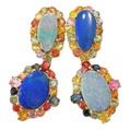 Bochic “Orient” Opals & Multi Color Fancy Sapphire Earrings Set 18K Gold&Silver