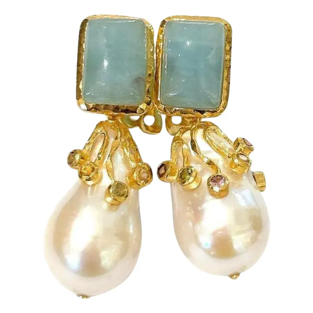 Bochic “Capri” Aquamarine & Sapphire, Pearl Earrings Set In 18K Gold & Silver