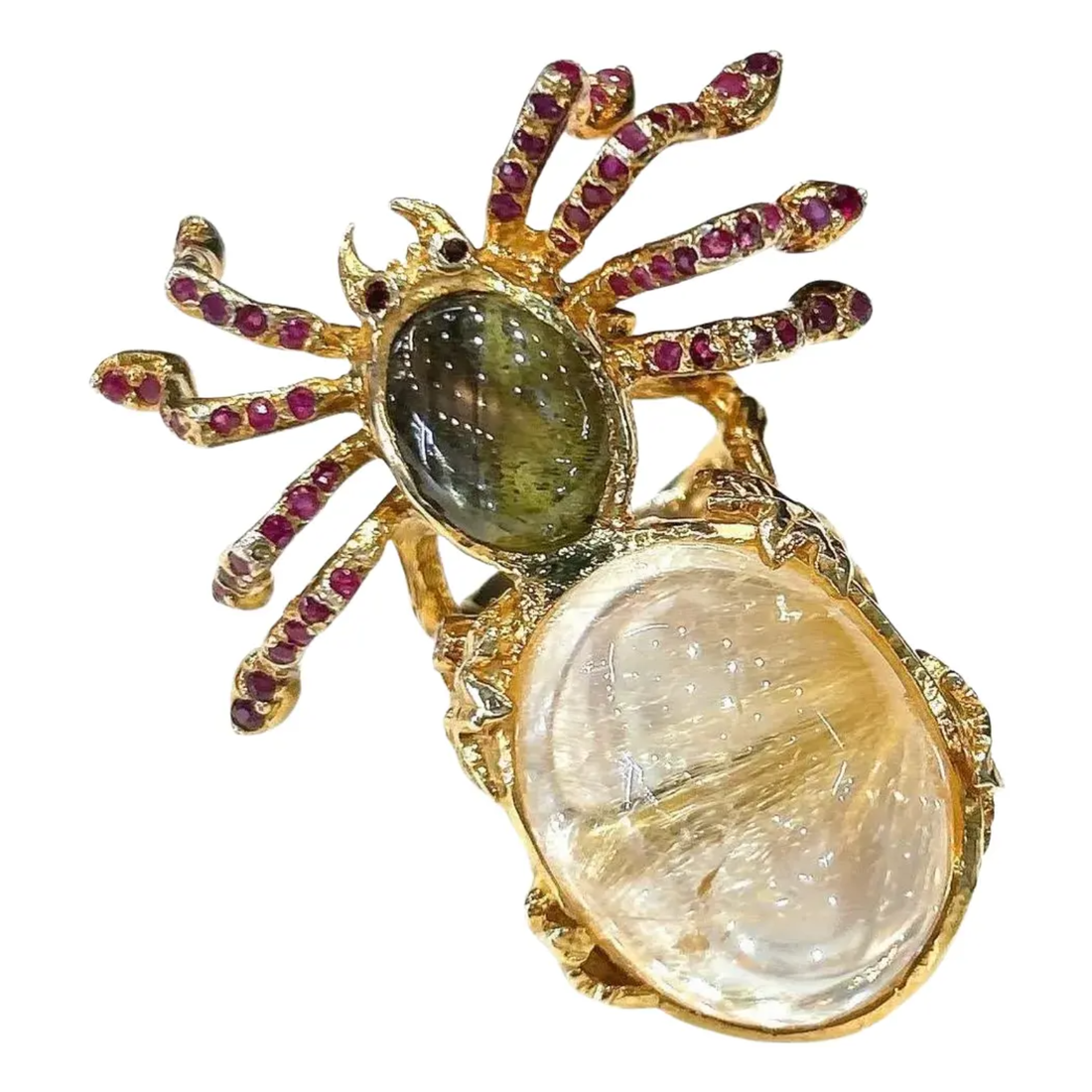 Bochic “Capri” Ruby, Labradorite & Rutile Quartz Ring Set In 18K Gold & Silver