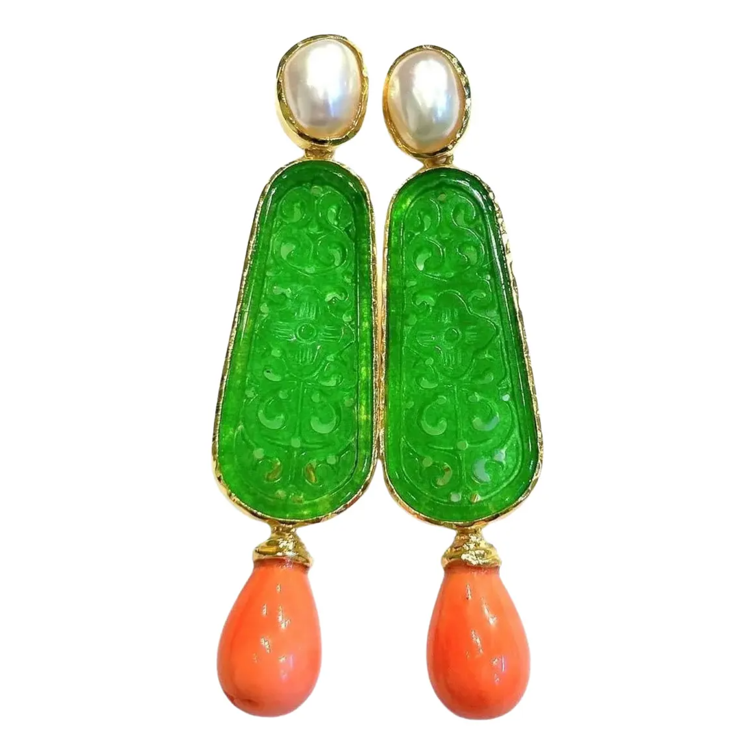 Bochic “Orient” White Pearl, Jade & Coral Earrings Set In 18K Gold & Silver, 2 pieces