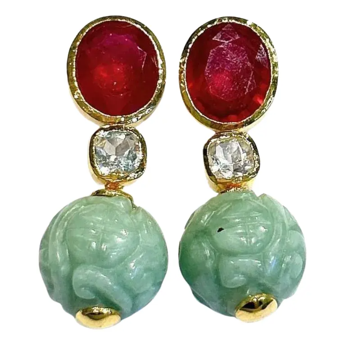 Bochic “Orient” Ruby, Topaz & Vintage Jade Earrings set 18K Gold & Silver, 2 pieces