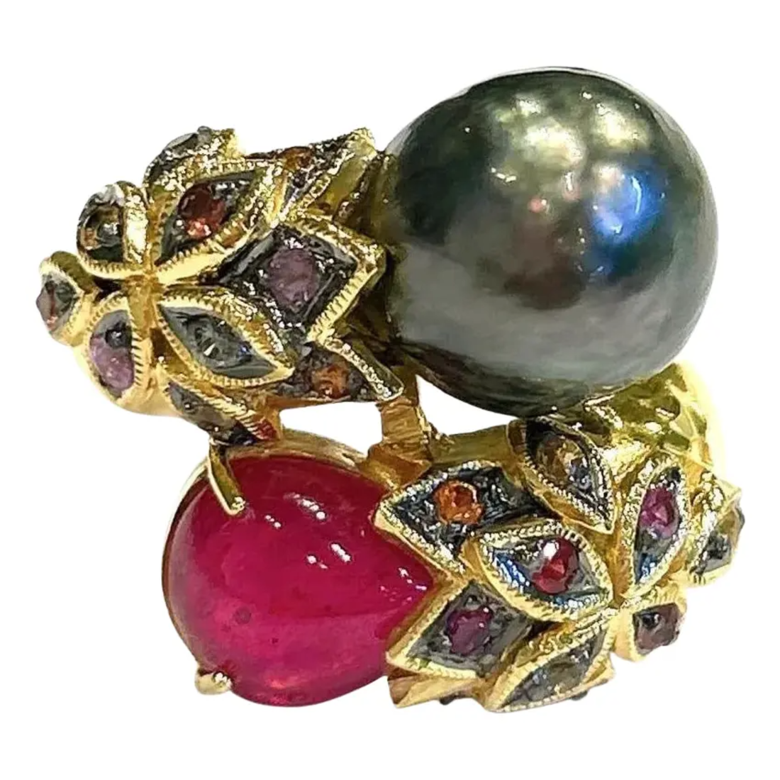 Bochic “Orient” Black Pearl & Ruby Ring Set In 18K Yellow Gold & Silver
