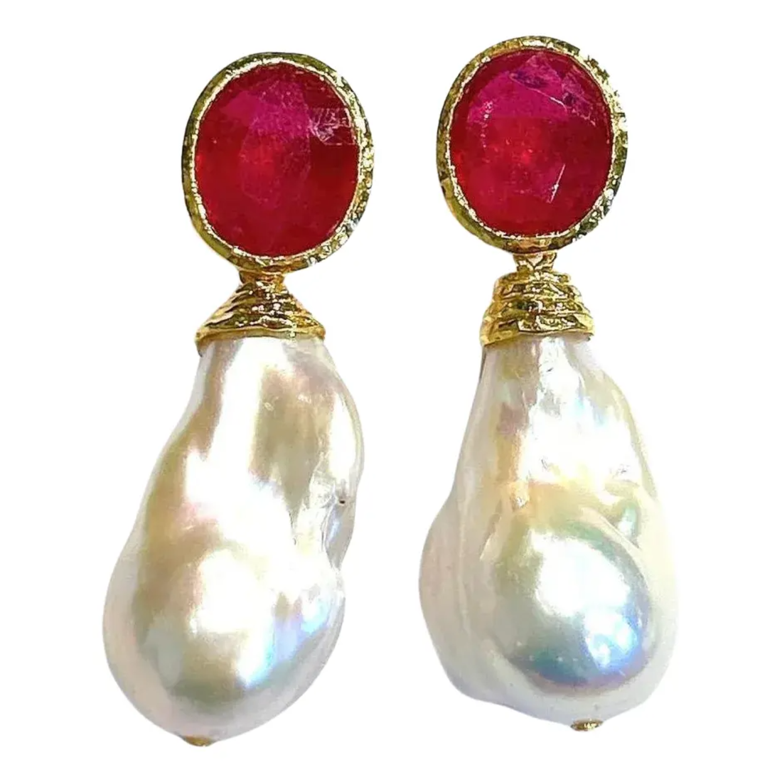 Bochic “Orient” Ruby & White South Pearls Earrings In 18K White Gold & Silver, 2 pieces