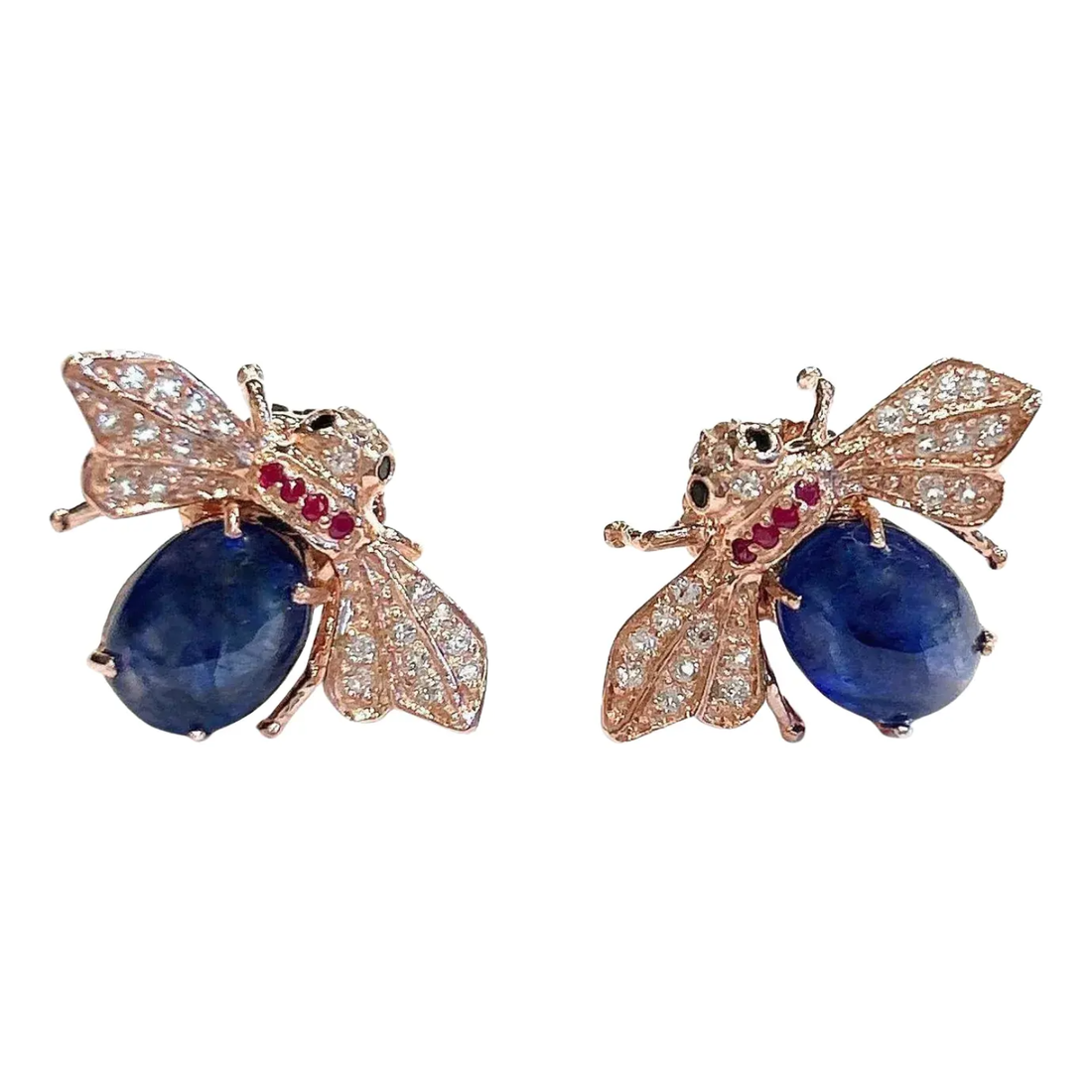 Bochic “Orient” Blue Sapphire & Ruby Earrings Set In 18K Yellow Gold & Silver, 2 pieces