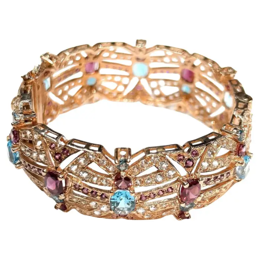 Bochic “Capri” Garnet & Multi Color Gem & Sapphire Bangle Set In 18K & Silver