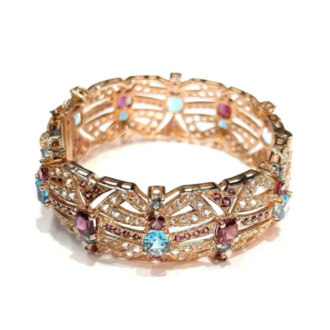 Bochic “Capri” Garnet & Multi Color Gem & Sapphire Bangle Set In 18K & Silver