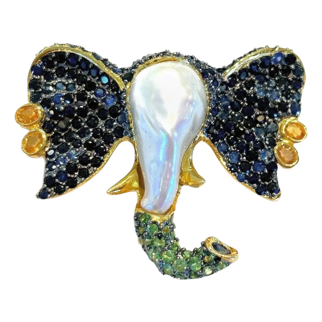 Bochic “Orient” Elephant Brooch, Sapphire, Emerald & Set In 18K Gold & Silver