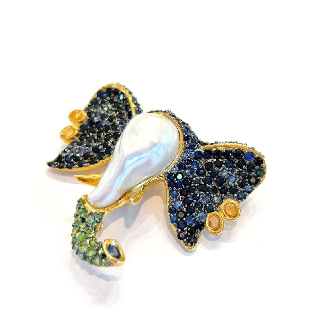 Bochic “Orient” Elephant Brooch, Sapphire, Emerald & Set In 18K Gold & Silver