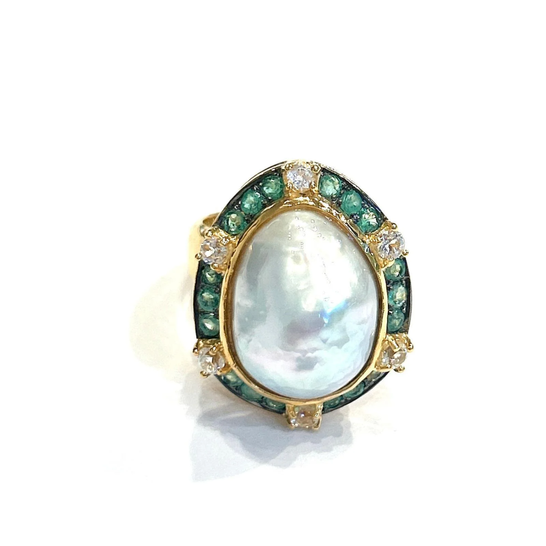 Bochic “Orient” Emerald, Topaz & Pearl Cocktail Ring Set In 18K Gold & Silver