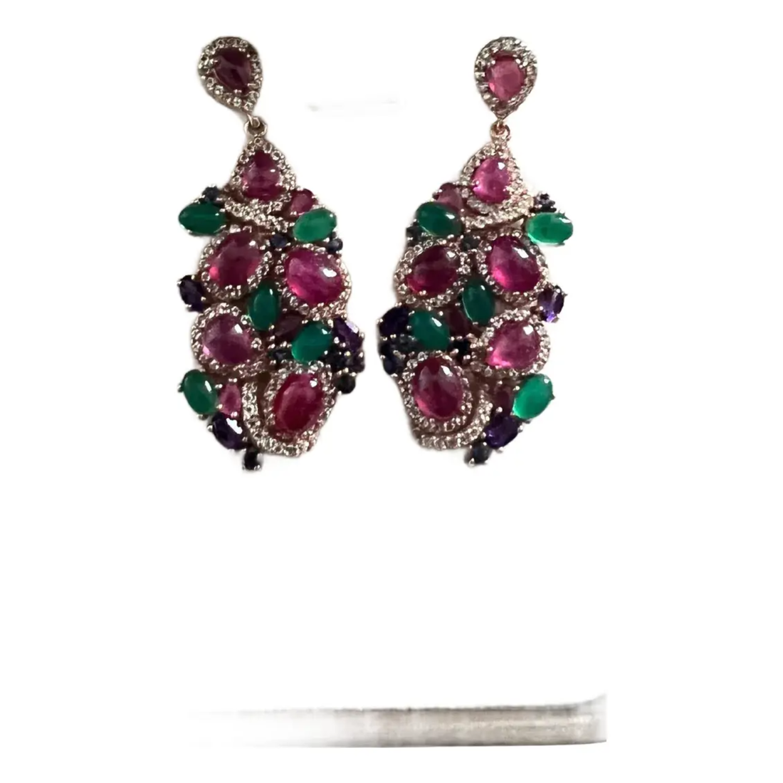 Bochic “Orient” Ruby, Green Agate & Amethyst Earrings Set In 18K Gold & Silver