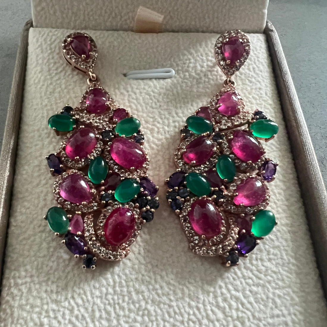 Bochic “Orient” Ruby, Green Agate & Amethyst Earrings Set In 18K Gold & Silver