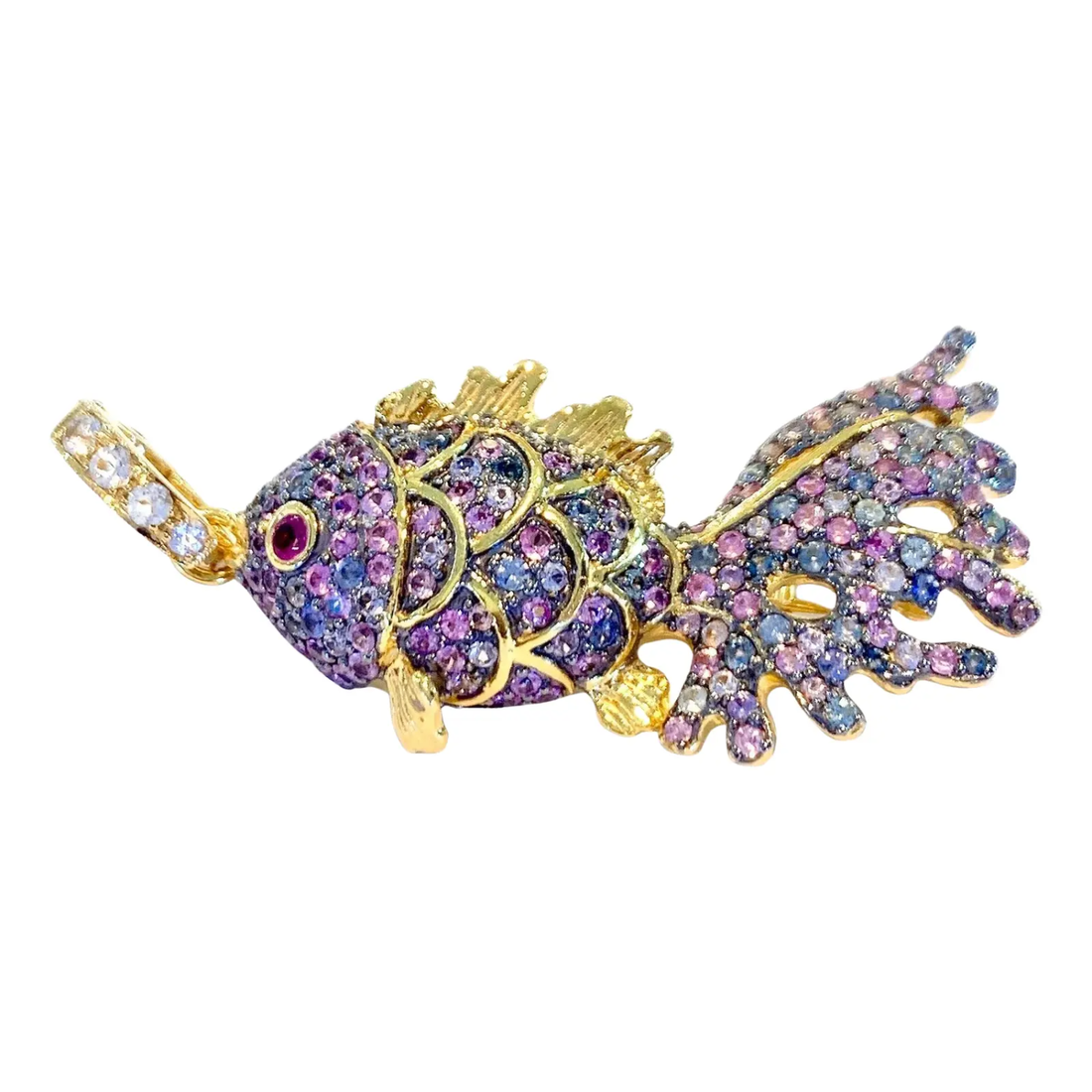 Bochic “Capri” Fancy Multi Color Natural Sapphire Brooch or Pendent 18K & Silver