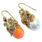 Bochic “Capri” Coral, Pearl & Rose Cut Sapphire Earrings Set18K Gold & Silver