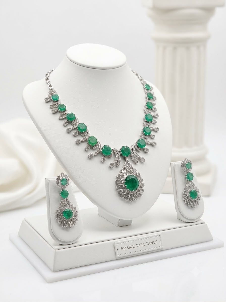 Bochic “Orient” Vintage Emerald & Diamond Necklace & Earring Suite 18K Gold & Silver