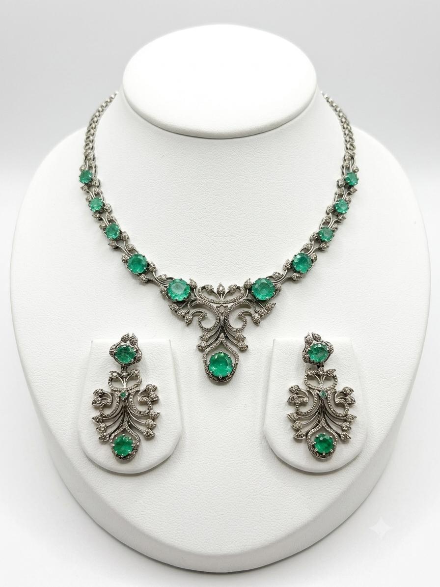 Bochic “Orient” Vintage Emerald & Diamond Necklace & Earring Suite 18K Gold & Silver