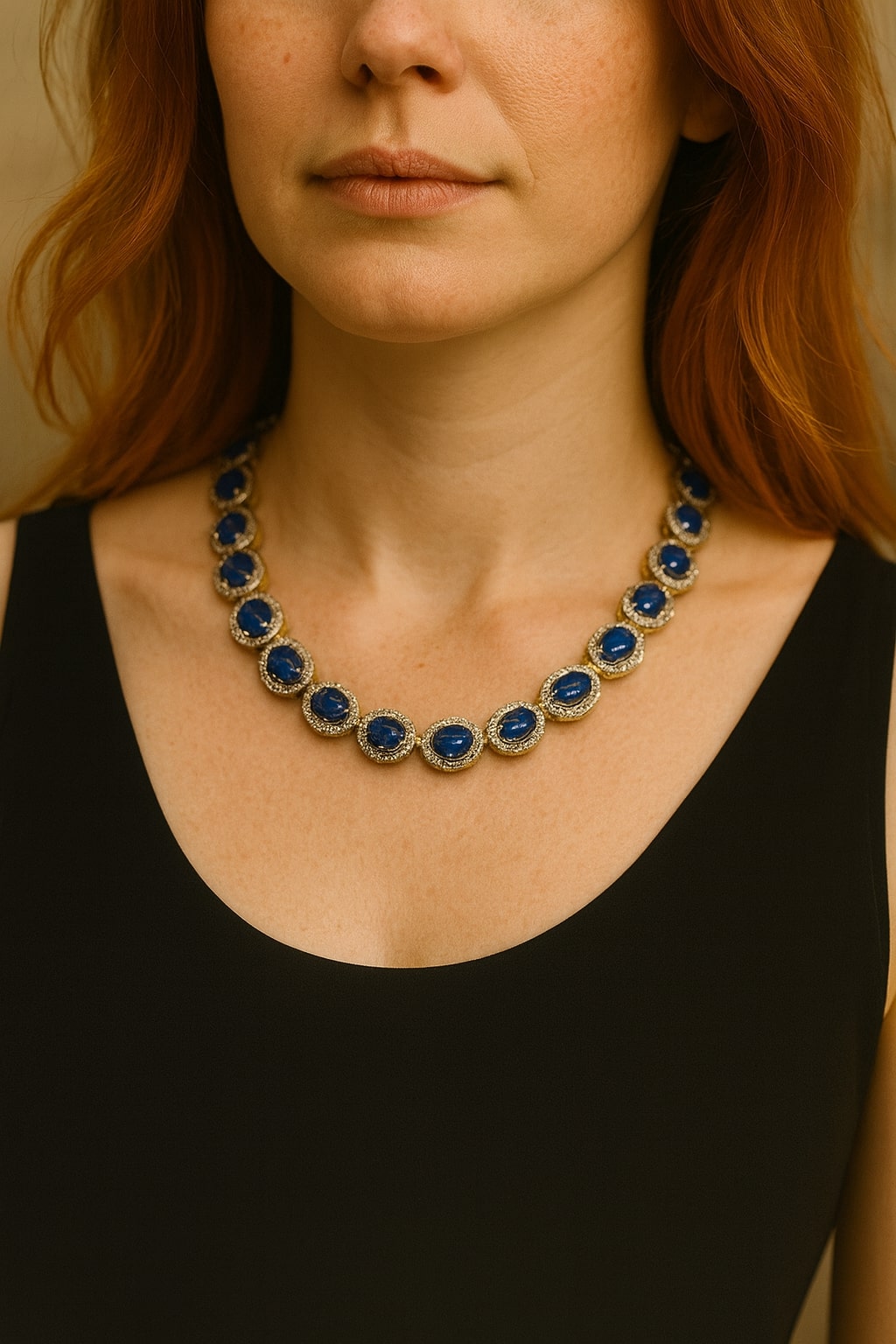 Bochic “Capri” Natural Blue Sapphire & Diamond Necklace & Earrings Set 18K Gold & Silver