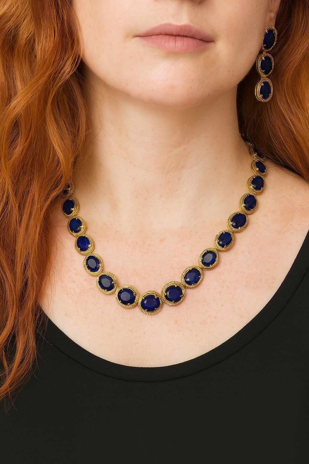 Bochic “Capri” Natural Blue Sapphire & Diamond Necklace & Earrings Set 18K Gold & Silver