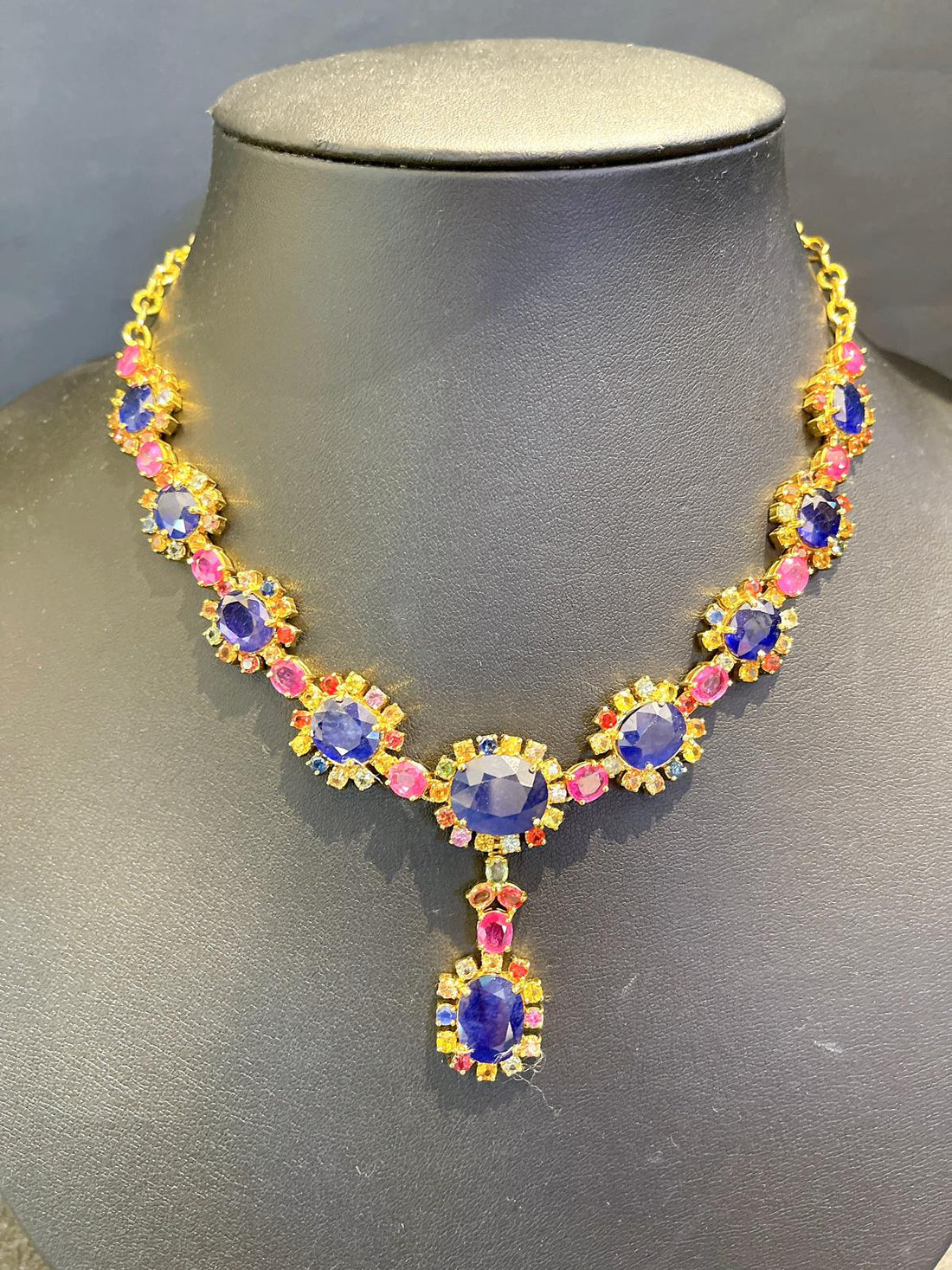 Bochic “Capri” Natural Blue, Yellow Multi Sapphire & Ruby Necklace & Earrings Suite Set 18K Gold & Silver