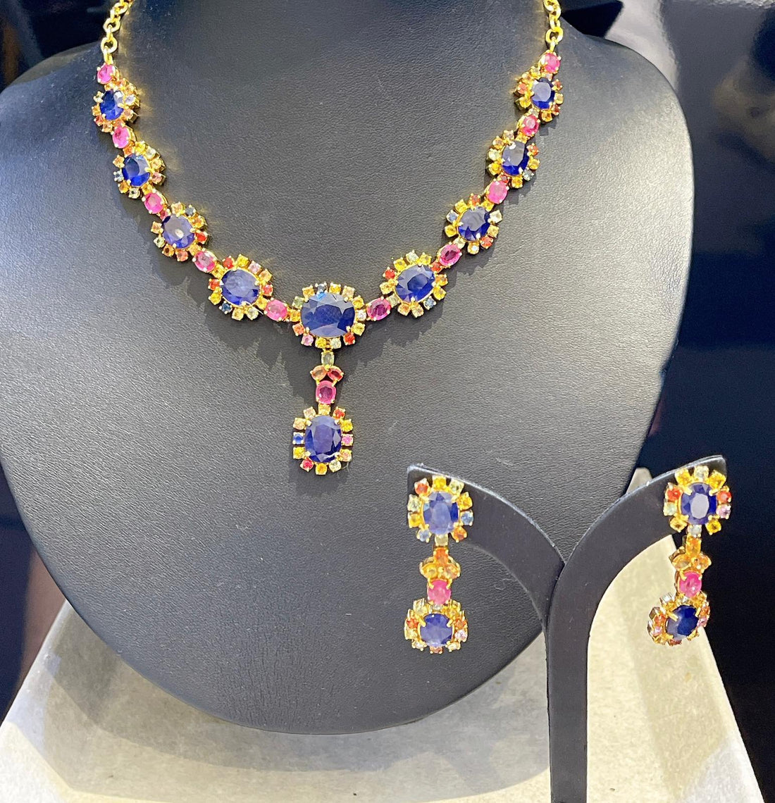 Bochic “Capri” Natural Blue, Yellow Multi Sapphire & Ruby Necklace & Earrings Suite Set 18K Gold & Silver