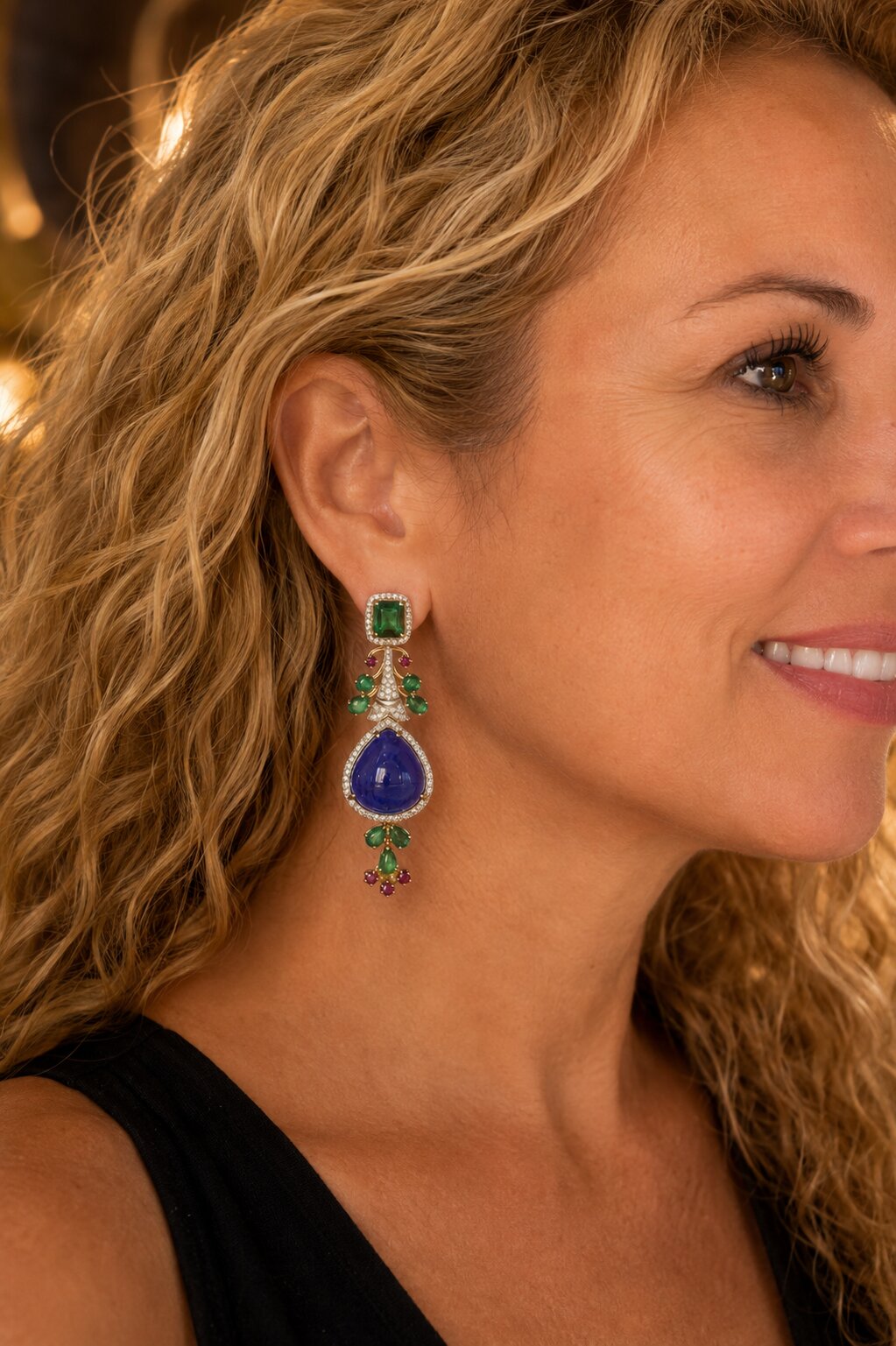 Bochic "Capri" Vintage Classic Diamond, Emerald & Tanzanite Necklace & Earrings Suite
