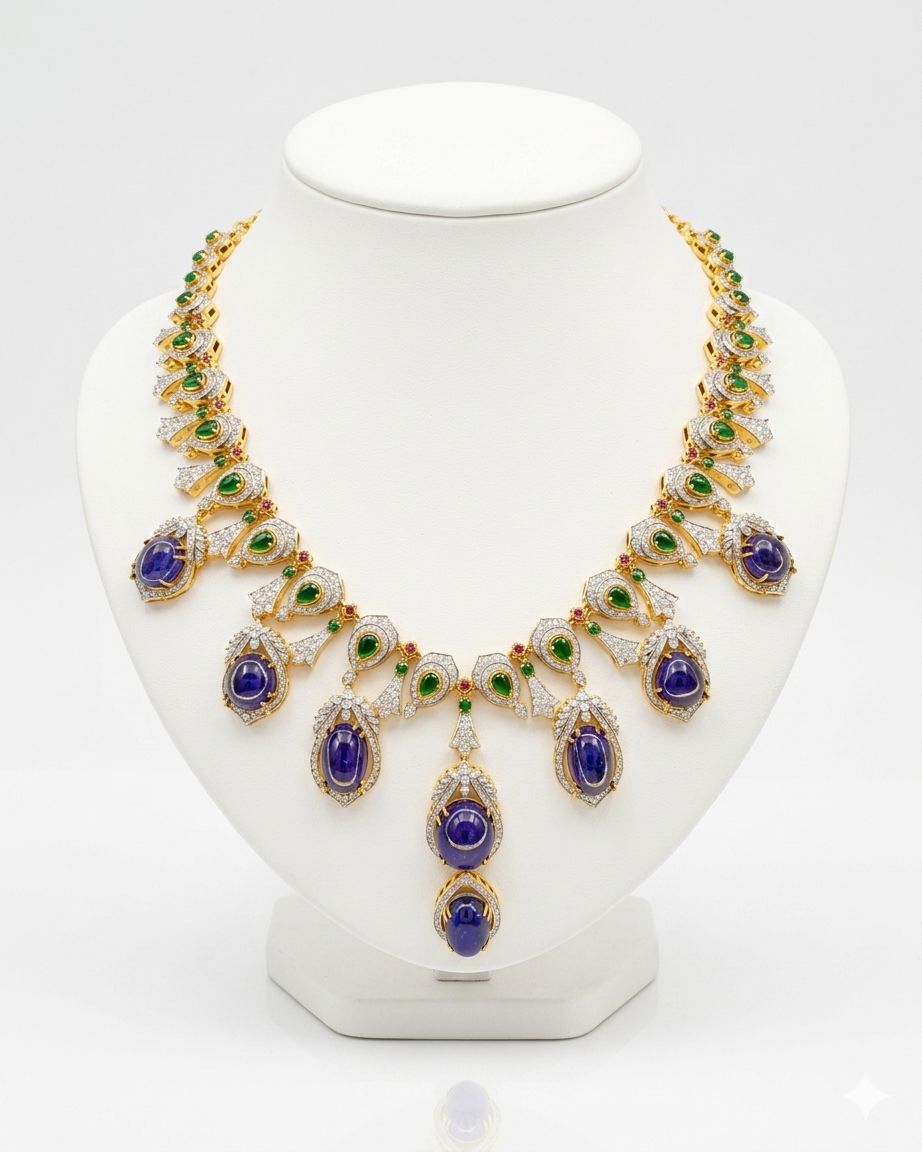 Bochic "Capri" Vintage Classic Diamond, Emerald & Tanzanite Necklace & Earrings Suite