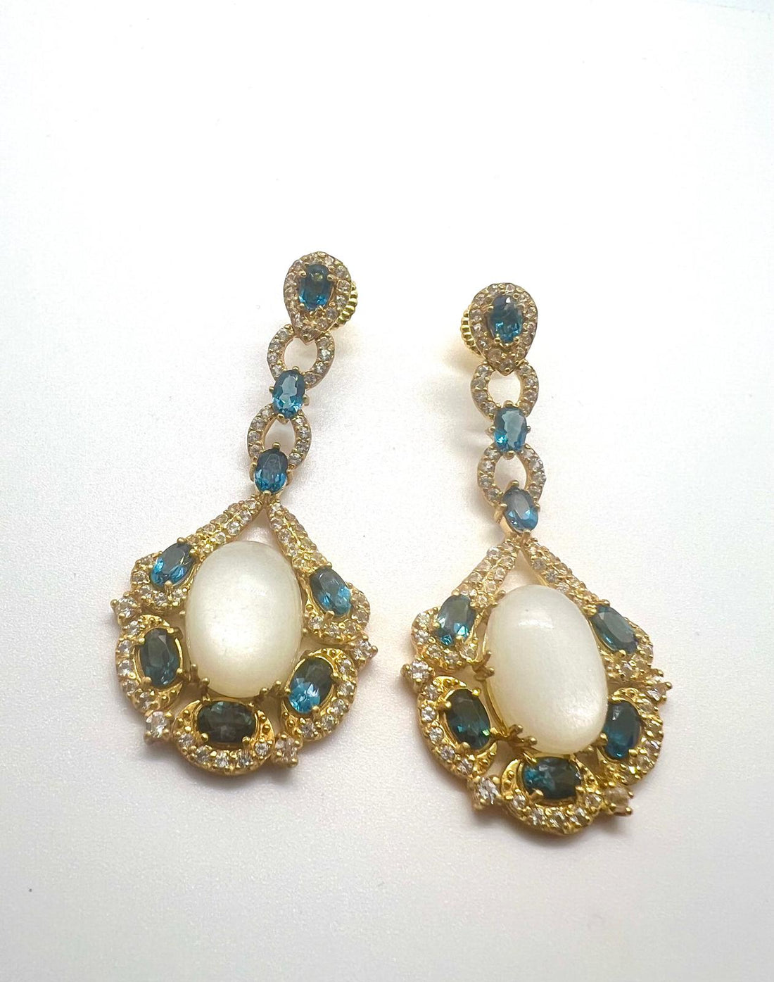 Bochic “Capri” Vintage Blue London Topaz & White Opal Earrings - 18K Gold & Silver