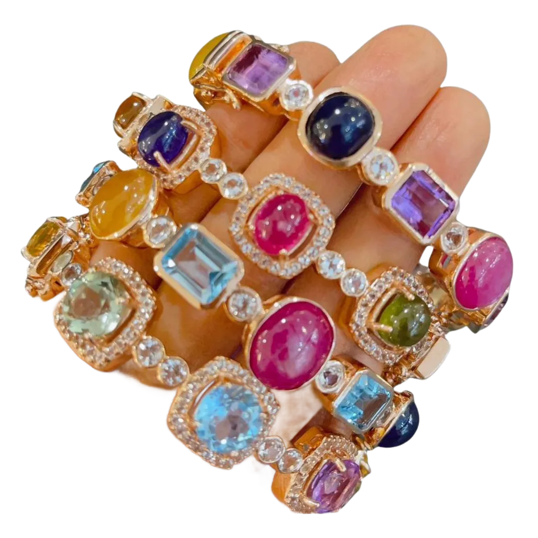 Bochic Set Off 4 Capri Bangles Multi Natural Gems Set In 18K Gold & Silver, 4 Pieces