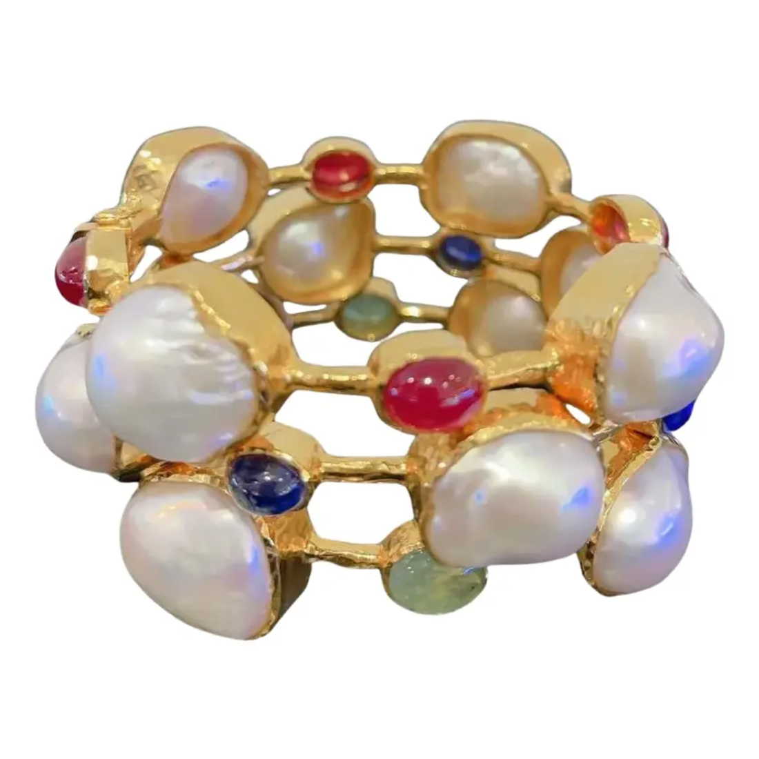 Bochic Set Off 4 Capri Bangles Multi Natural Gems Pearl lSet 18K Gold & Silver, 4 Pieces