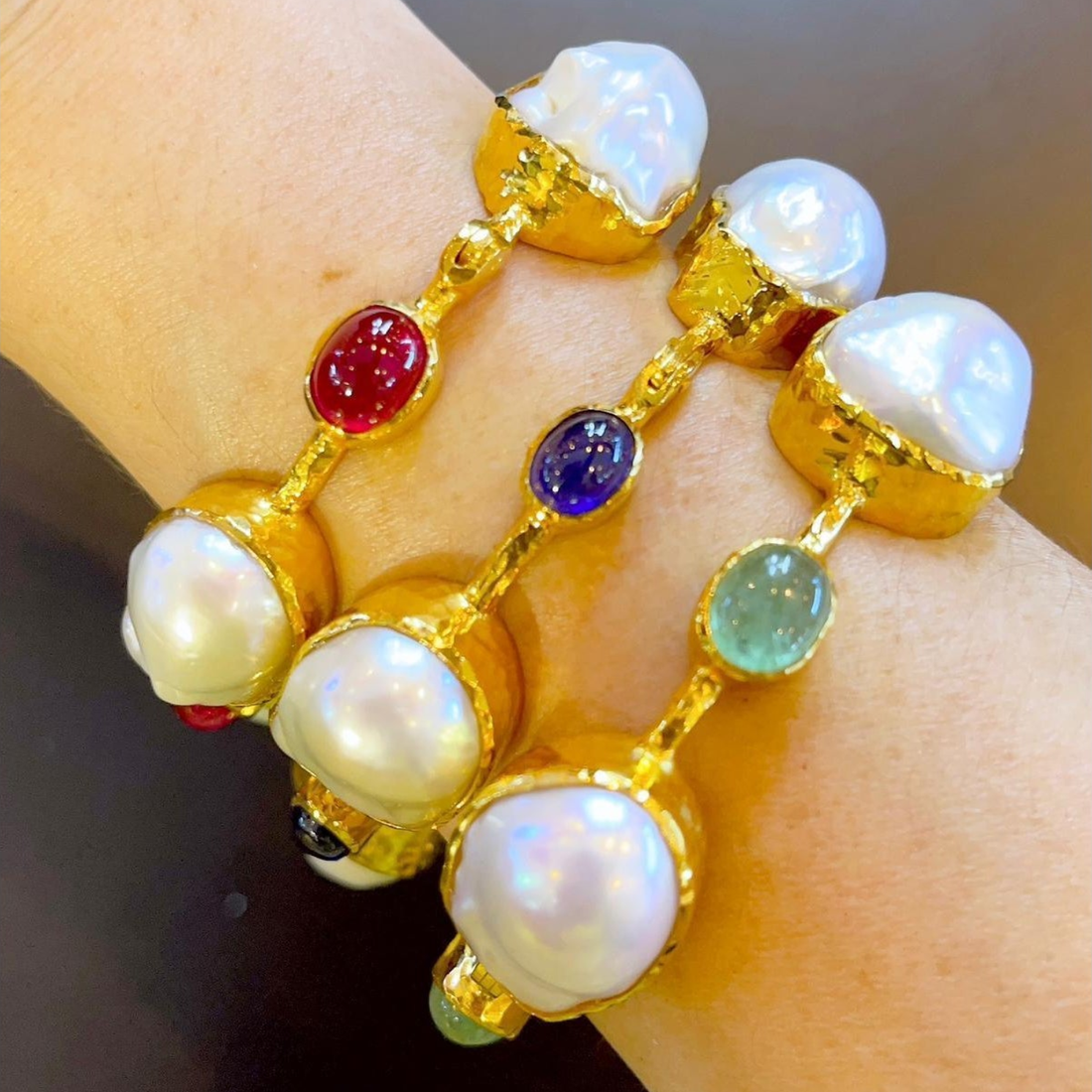 Bochic Set Off 4 Capri Bangles Multi Natural Gems Pearl lSet 18K Gold & Silver, 4 Pieces