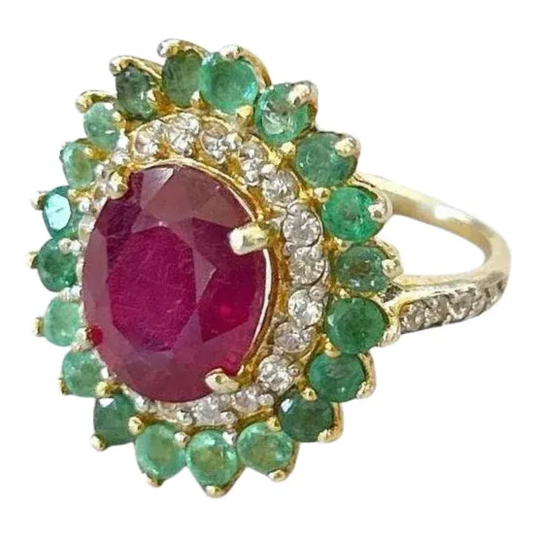 Bochic “Orient” Vintage Emerald, Ruby & Diamond Ring Set In 18K Gold & Silver