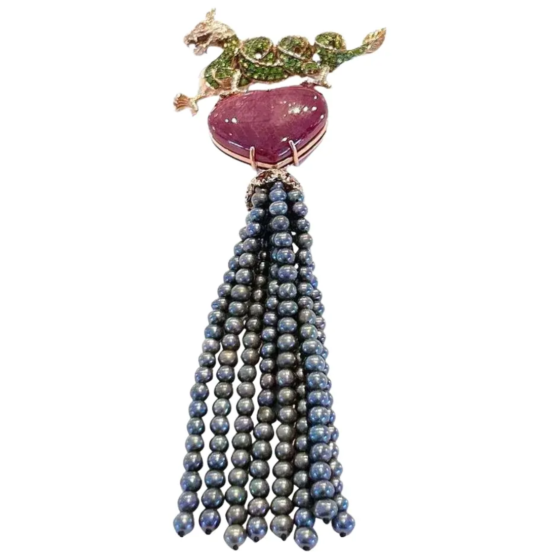 Bochic “Orient” Ruby & Black Pearl Brooch Set In 18K Gold & Silver