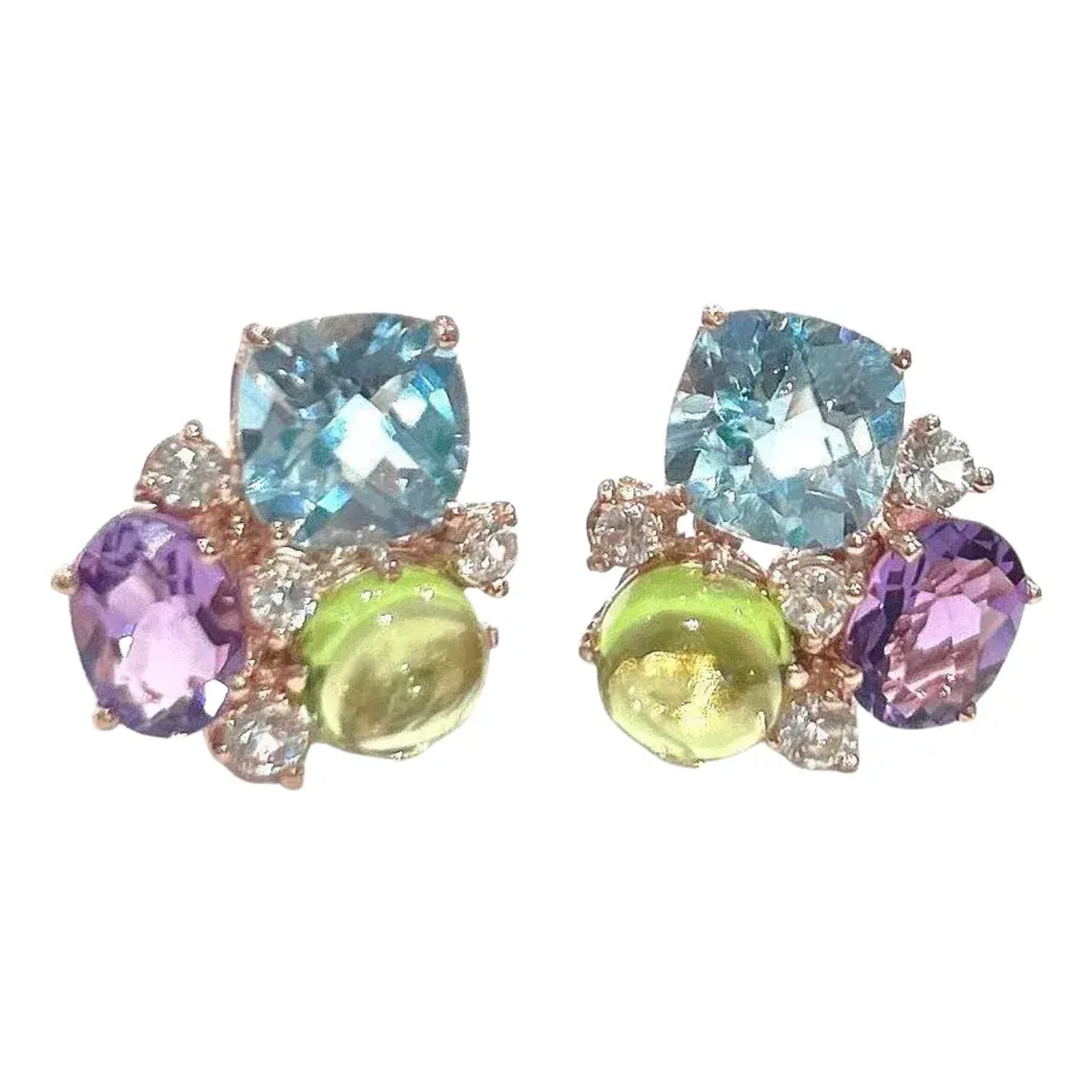 Bochic “Orient” Peridot, Amethyst & Topaz Earrings Set In 18K Gold & Silver