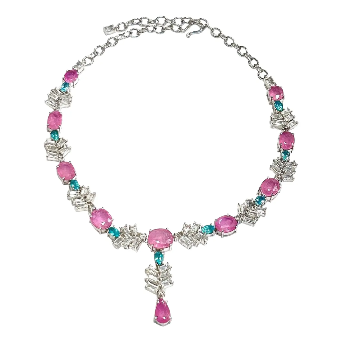 Bochic “Capri” Pink Ruby, Blue Appetite & White Topaz Necklace Set 18K & Silver