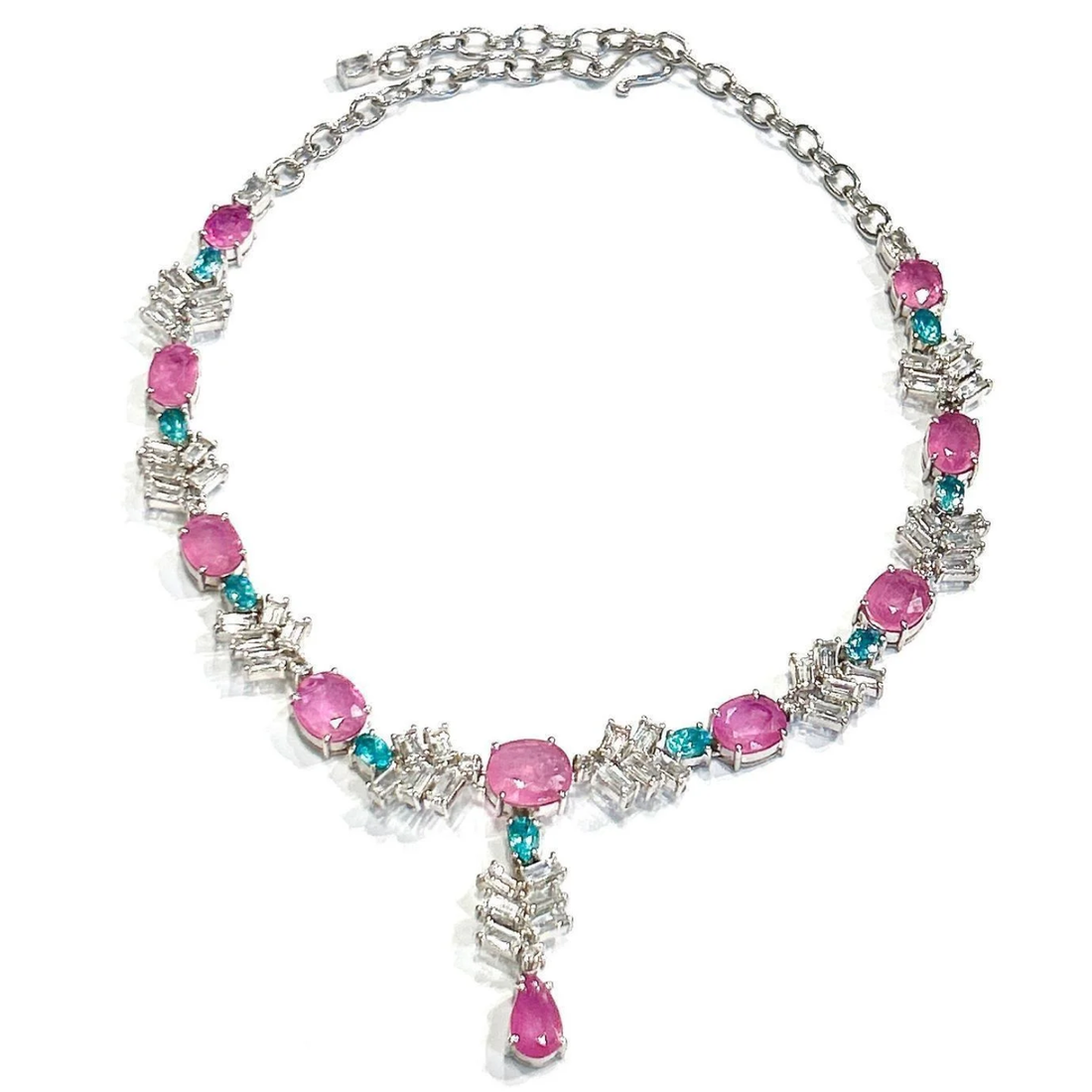 Bochic “Capri” Pink Ruby, Blue Appetite & White Topaz Necklace Set 18K & Silver
