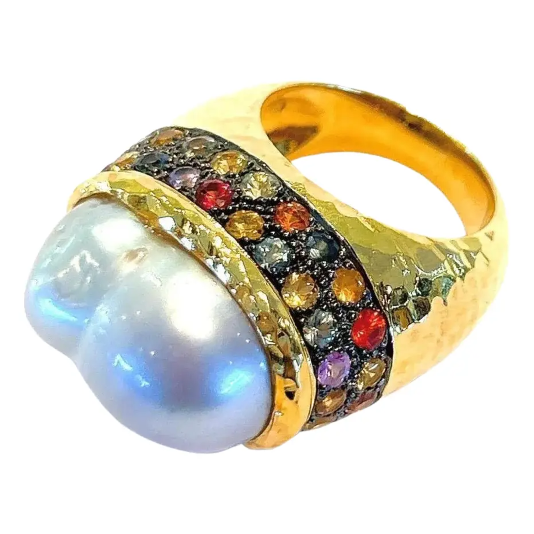 Bochic “Orient” Vintage Retro Pearl & Multi Sapphire Ring Set 18K Gold & Silver