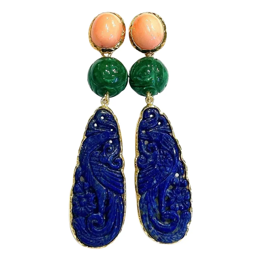Bochic “Orient” Blue Lapis, Jade & Coral Earrings Set In 18K Gold & Silver, 2 pieces