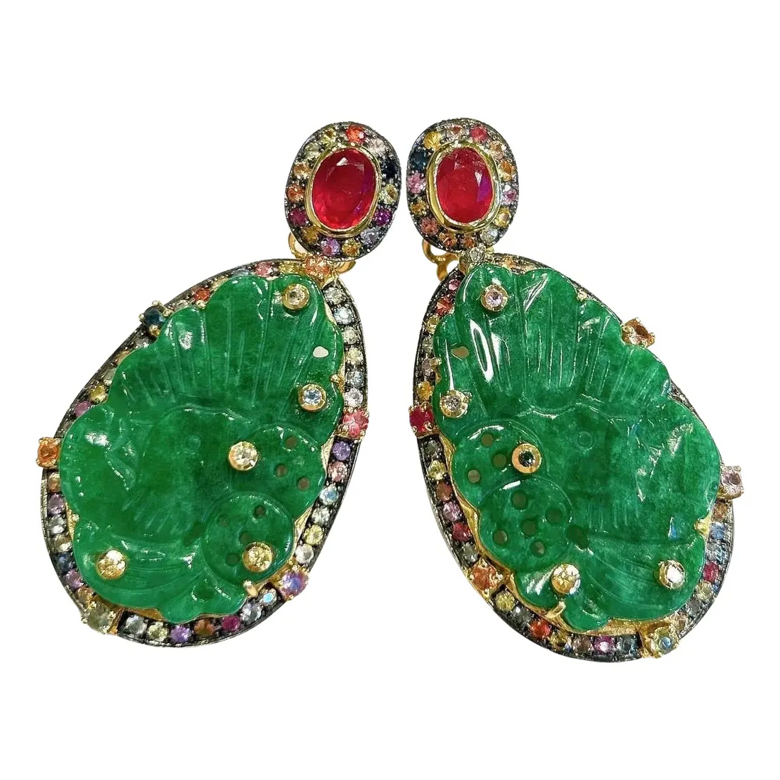 Bochic “Orient” Green Jade & White Topaz Earrings set In 18K White Gold & Silver, 2 pieces