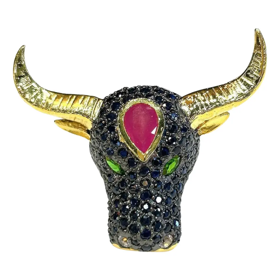Bochic “Orient” Neoclassical Bull, Ruby & Sapphire Ring Set 18K Gold & Silver