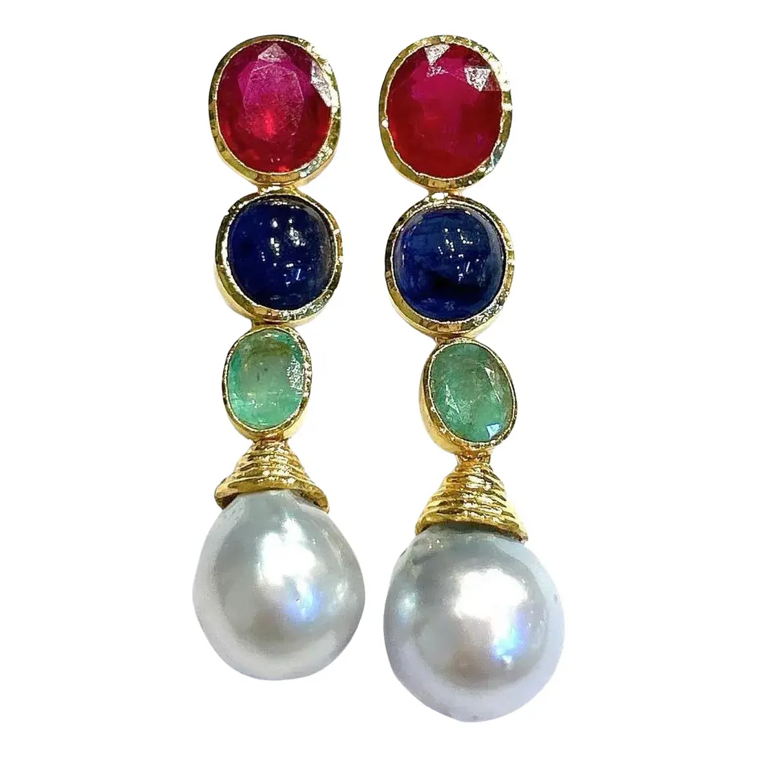 Bochic “Orient” Ruby, Emerlad & Sapphire Pearls Earrings Set 18K Gold & Silver, 2 pieces
