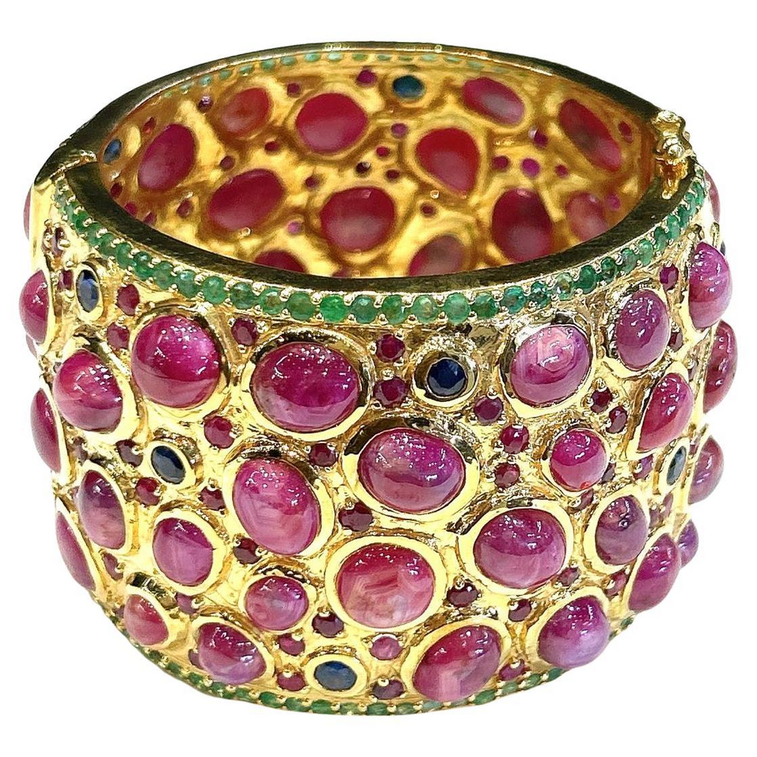 Bochic “Capri” 167 Carat Multi Ruby & Emerald Cuff Set In 18K Gold & Silver