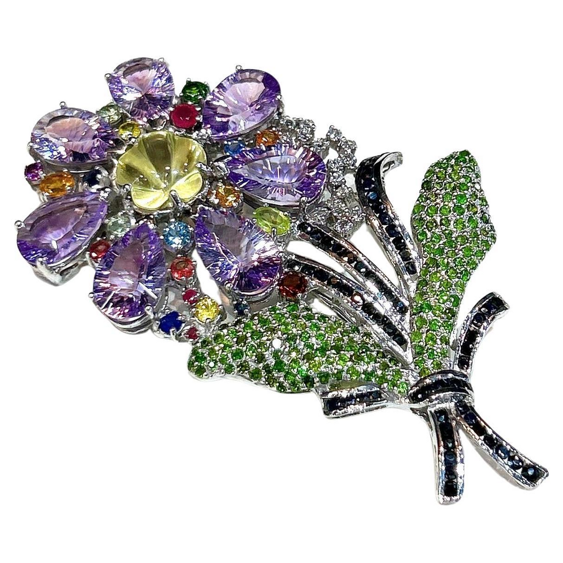 Bochic  “Orient” Sapphire, Amethyst & Tsavorite Brooch Set In 18K Gold & Silver