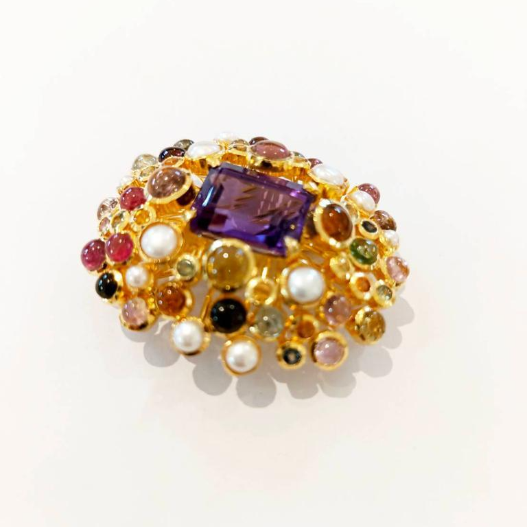 Bochic “Capri” Amethyst & Tourmaline, Pearl Brooch Set In 18K Gold & Silver