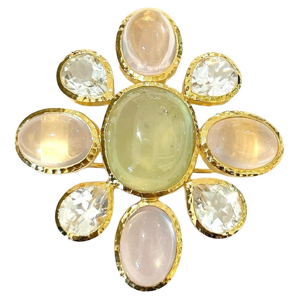 Bochic “Capri” Italian Rose Quartz & Multi Gem Brooch Set In 18K Gold & Silver