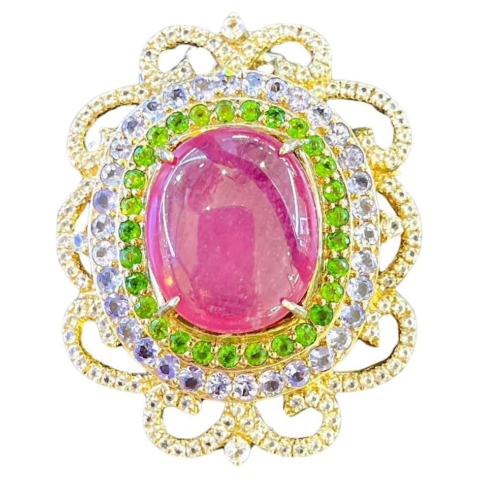 Bochic “Capri” Ruby, Blue Sapphire & Multi Gem Brooch Set In 18K Gold & Silver