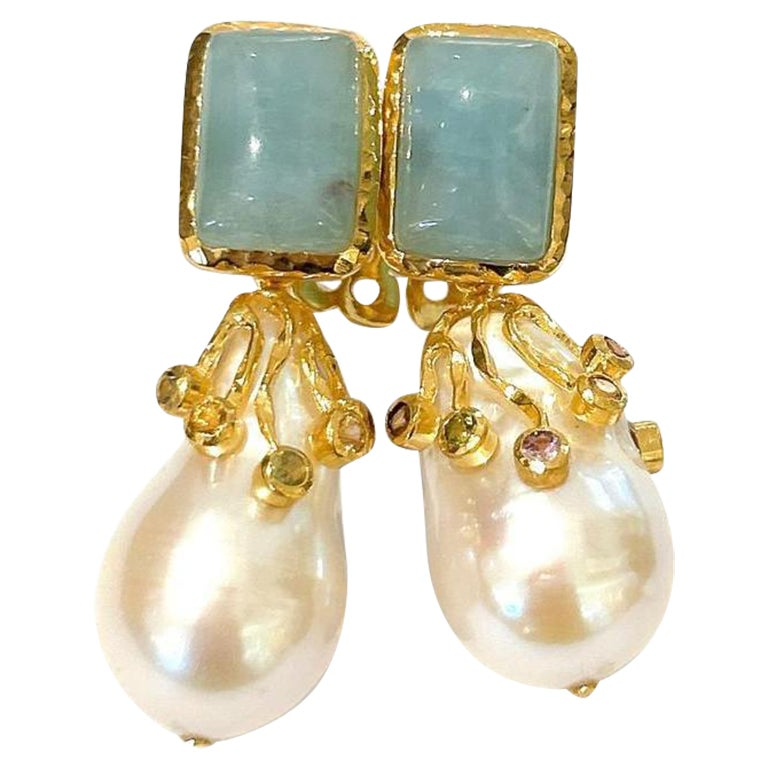 Bochic “Capri” Aquamarine & Sapphire, Pearl Earrings Set In 18K Gold & Silver
