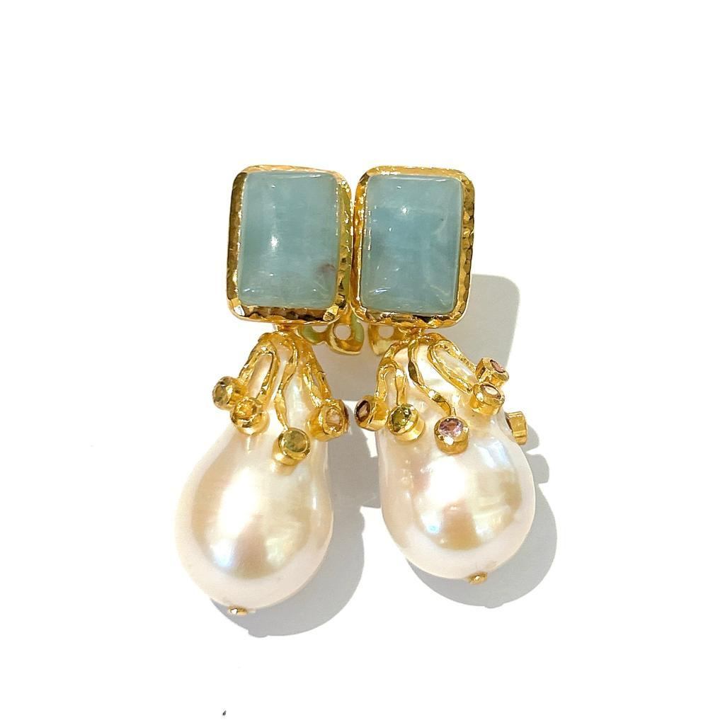 Bochic “Capri” Aquamarine & Sapphire, Pearl Earrings Set In 18K Gold & Silver