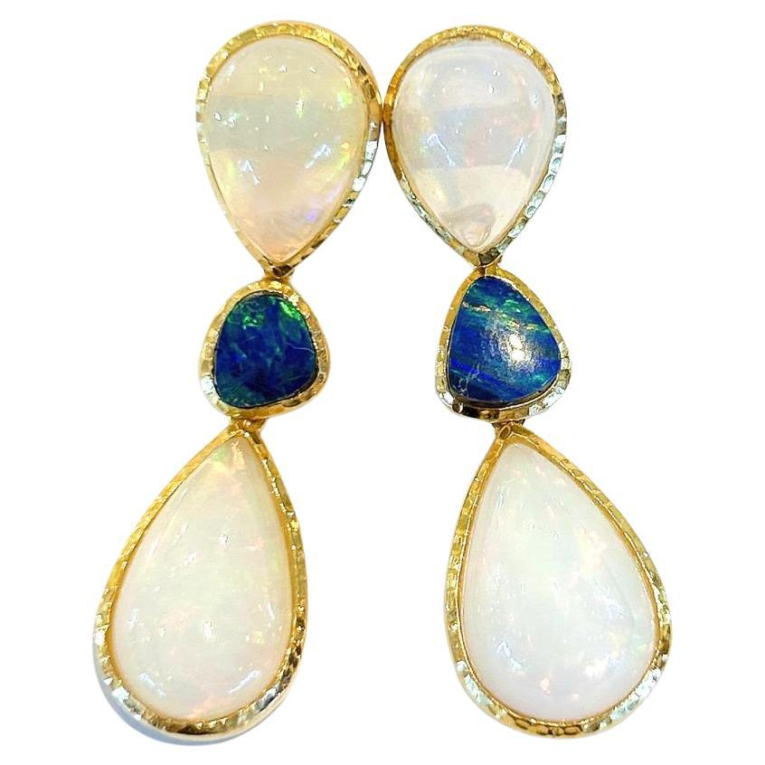 Bochic “Capri” Blue & White Opal Earrings Set In 18K Gold & Silver