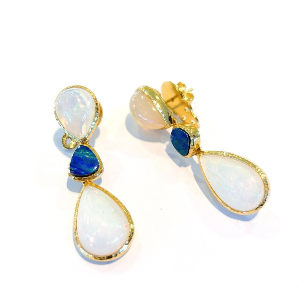 Bochic “Capri” Blue & White Opal Earrings Set In 18K Gold & Silver