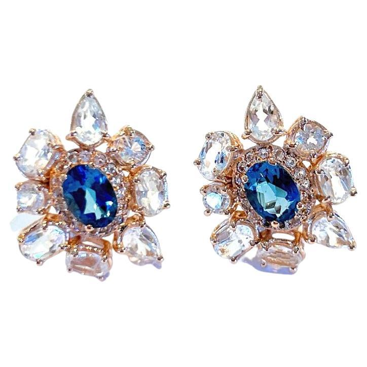 Bochic “Capri” Blue London Topaz Clip on Earrings Set In 18K Gold & Silver