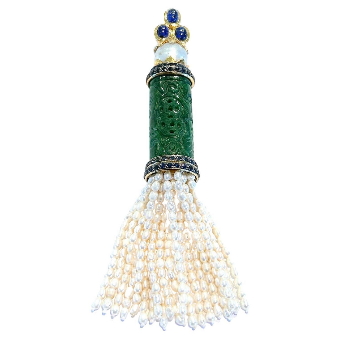 Bochic “Orient’ South Sea Pearl, Sapphire & Jade Pendant Set 18K Gold & Silver
